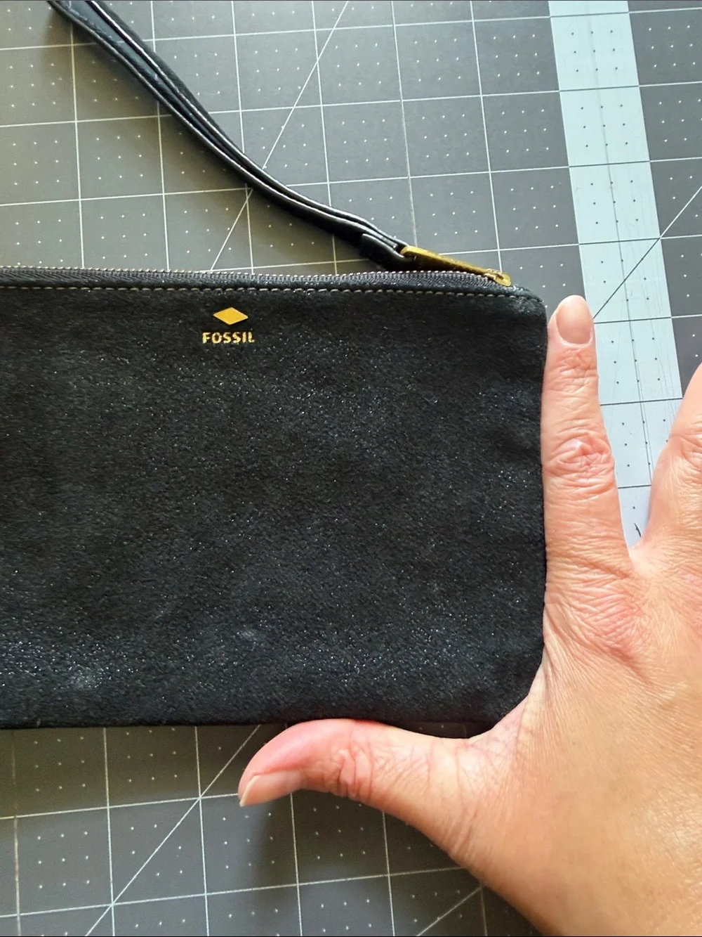 Fossil Black Leather Wristlet with Gold Zipper Cow Hide Wristlet
